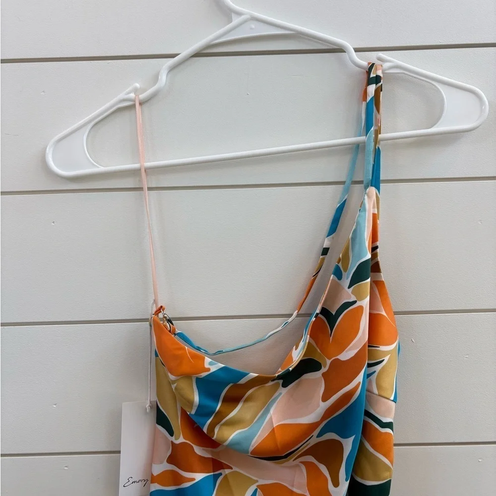 Emory Park One Shoulder Dress in Orange, Blue, and Cream - Picture 3 of 7
